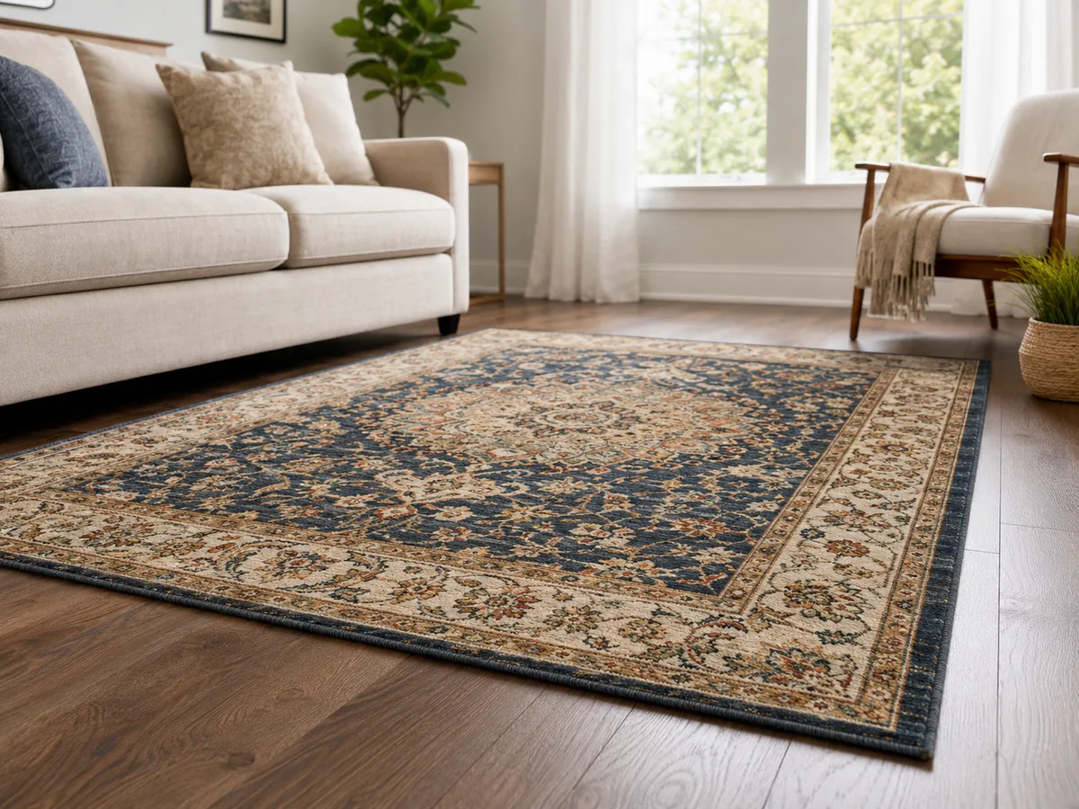 Patterned area rug arranged in a bright Hammond living room