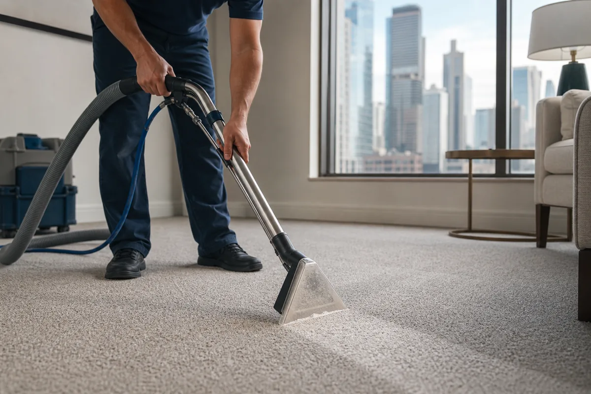 Technician preparing highland carpet & upholstery cleaning in a Highland home