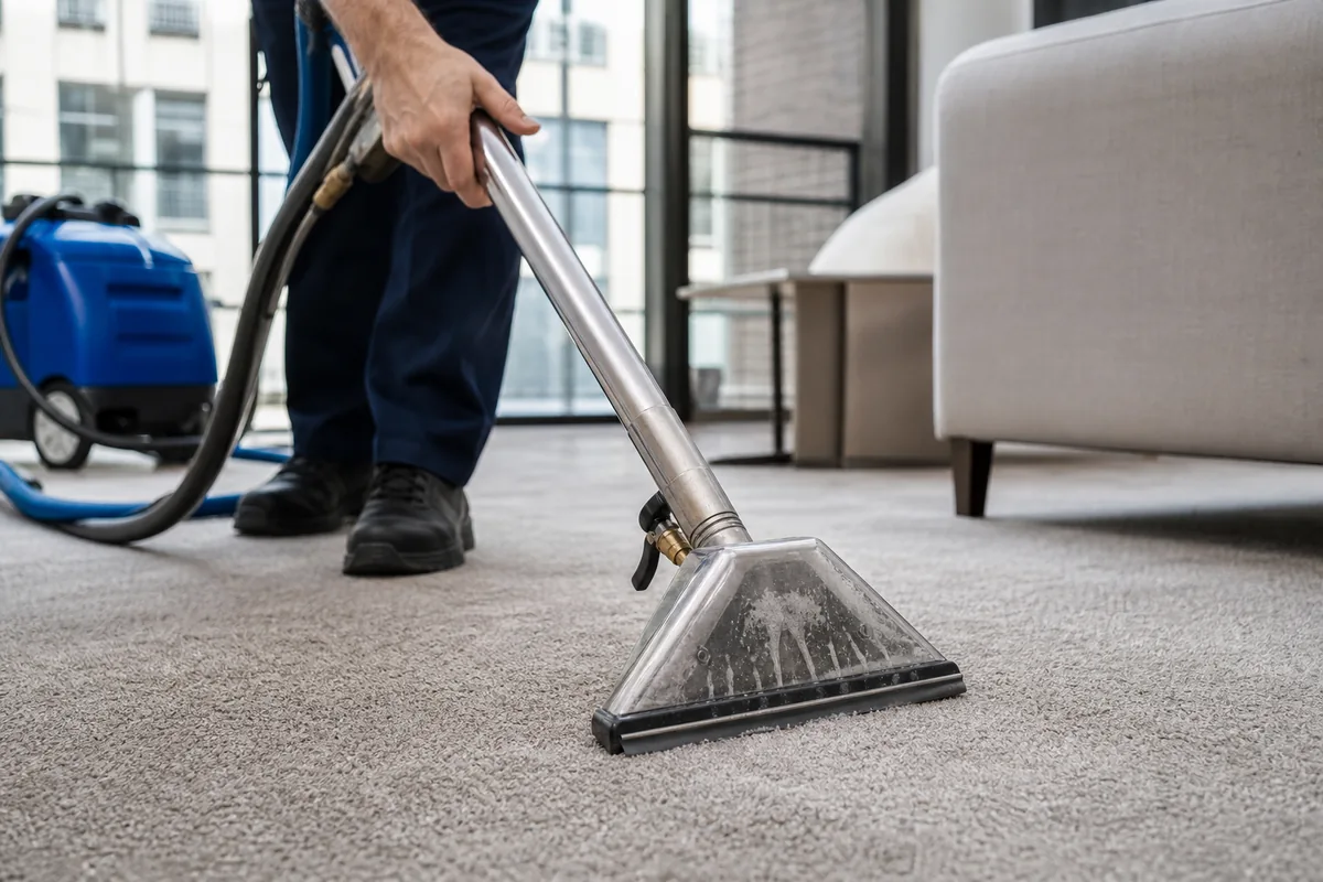Technician preparing munster carpet & upholstery cleaning in a Munster home