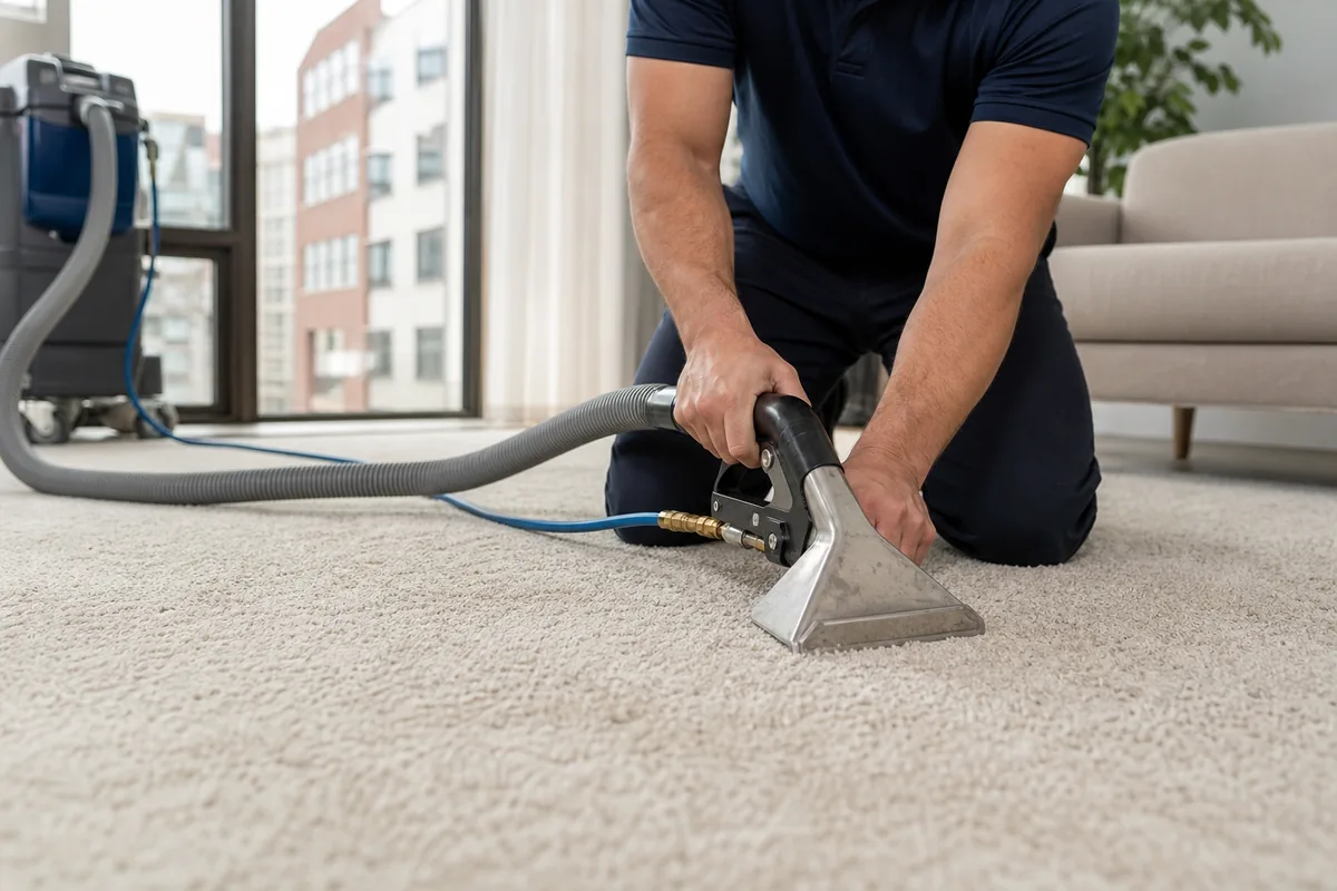 Technician preparing st. john carpet & upholstery cleaning in a St. John home