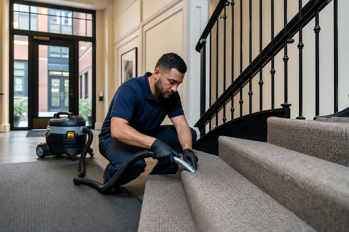 Technician detailing carpeted stair edges in a courtyard building
