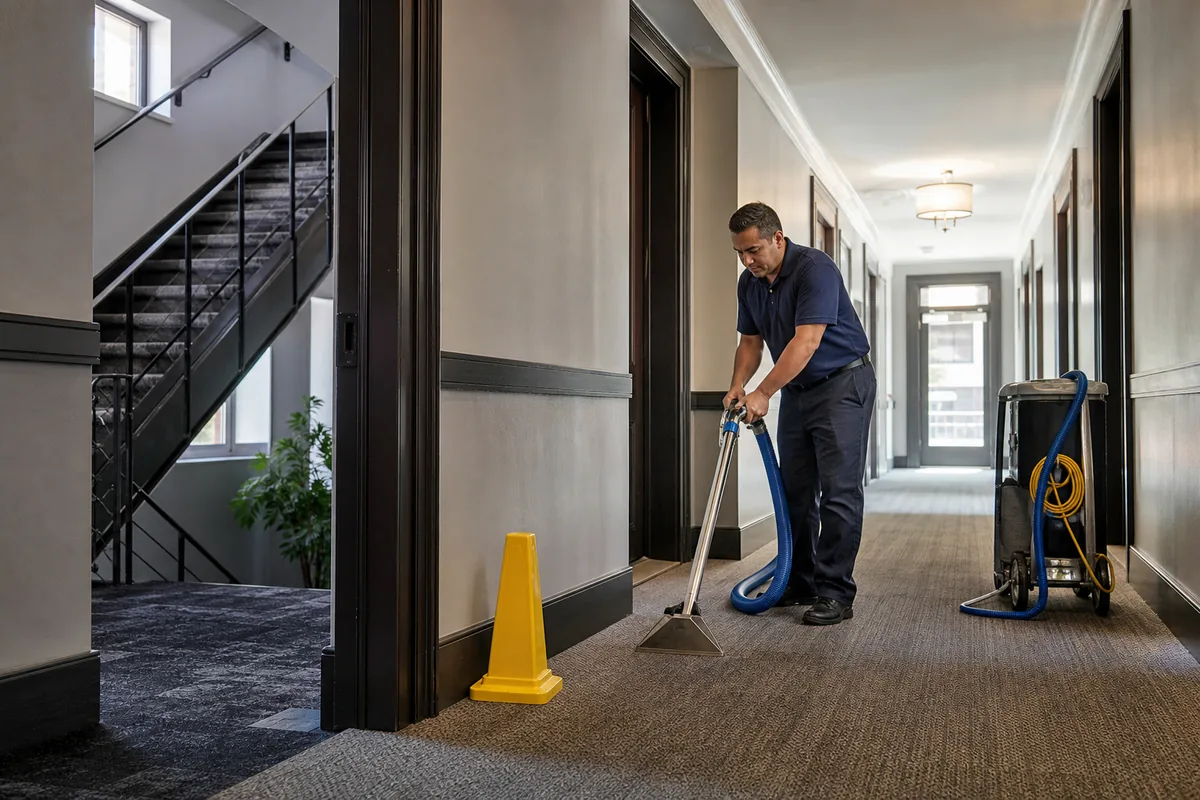Apartment corridor divided into alternating cleaning zones with resident route maintained