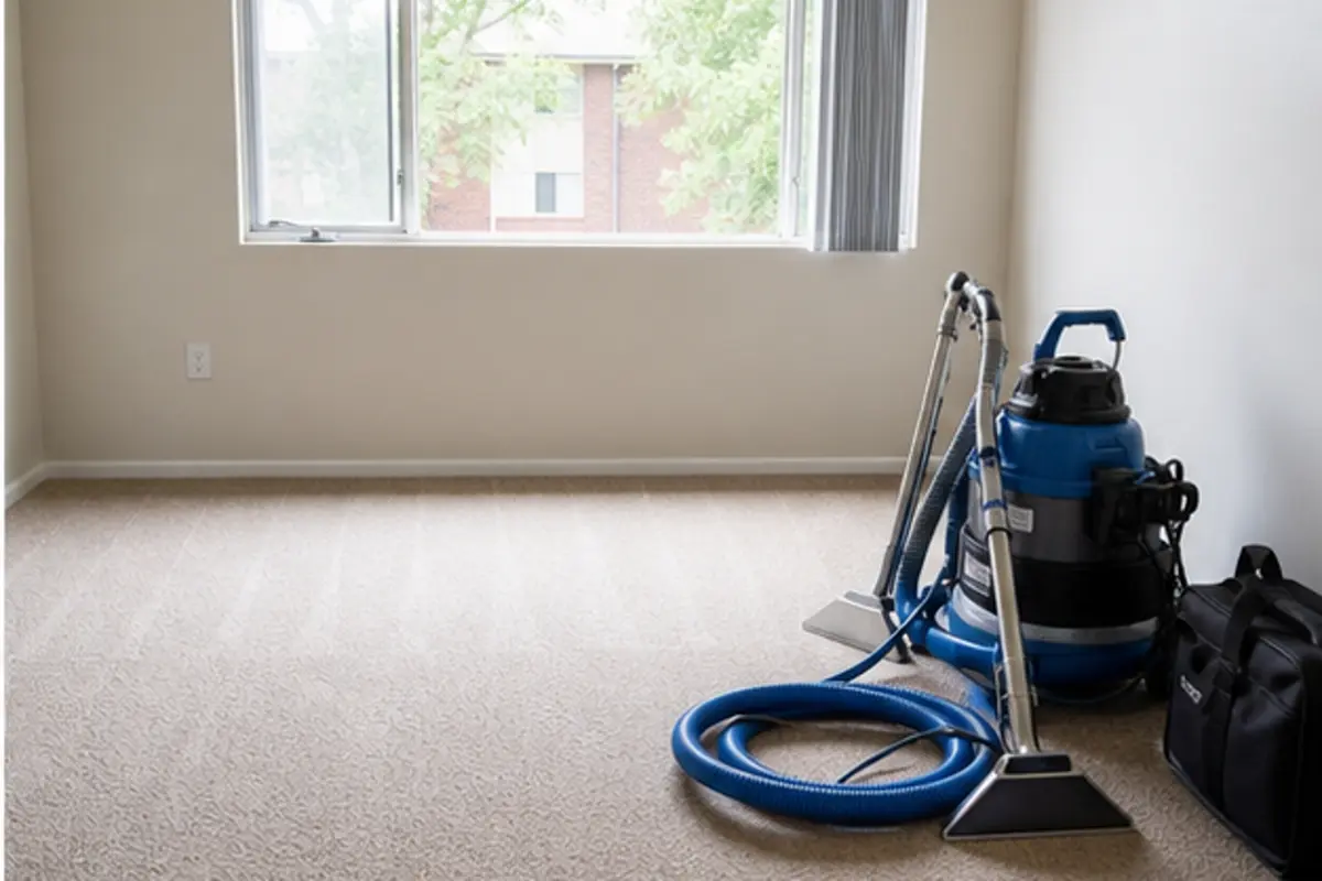 Clean apartment carpet with staged turnover checklist and open windows