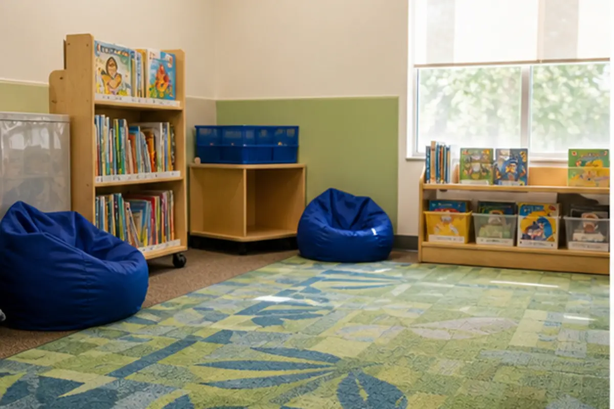 Technician cleaning carpet edge near a daycare cubby area after room clearance