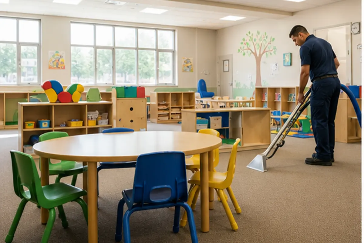 Bright Hammond daycare classroom with low shelves and clean patterned carpet