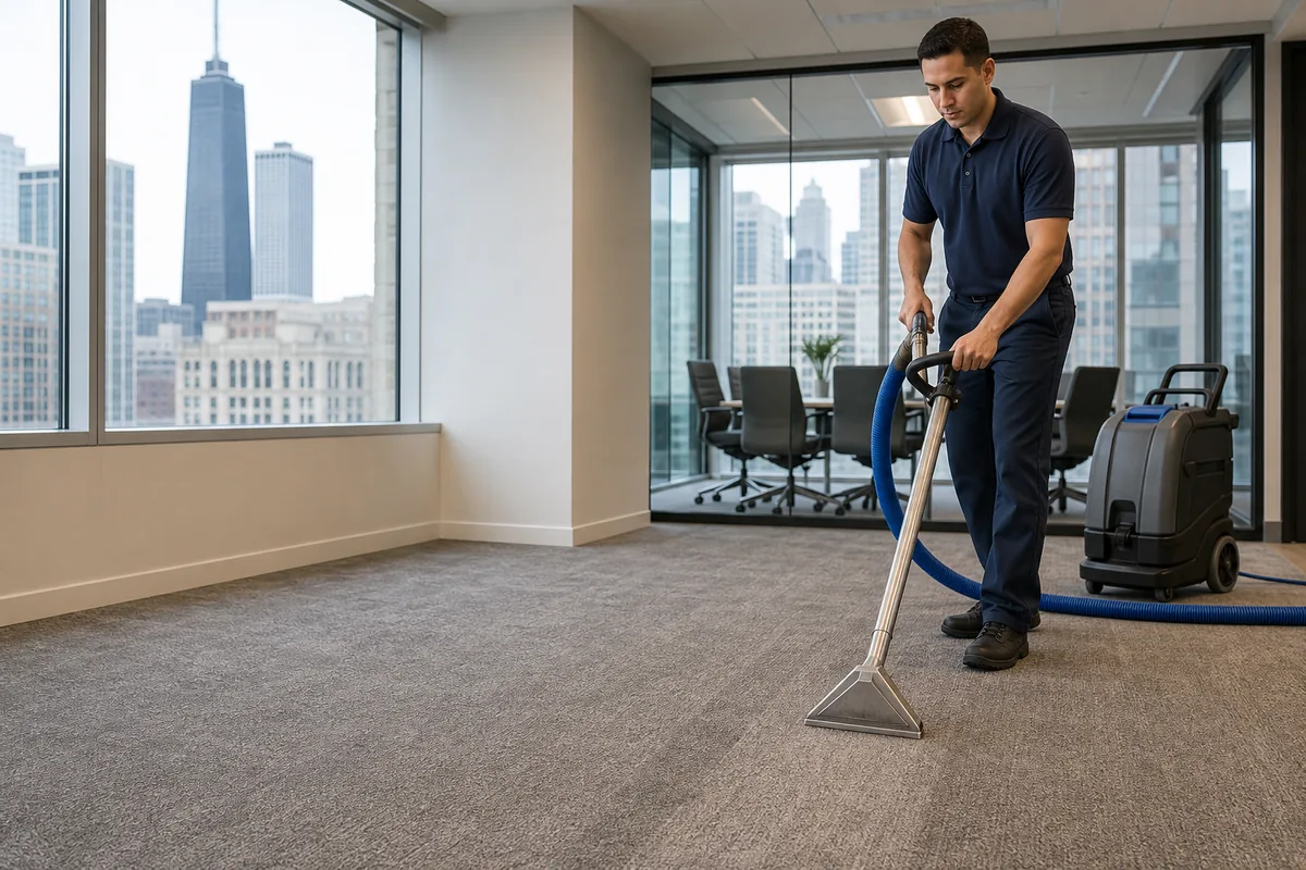 Technician preparing commercial carpet cleaning for hammond-area workplaces in a Hammond home