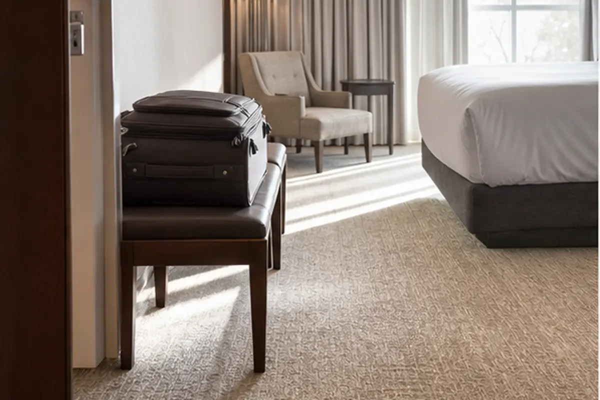 Technician cleaning carpet along a quiet hotel corridor with service cart nearby