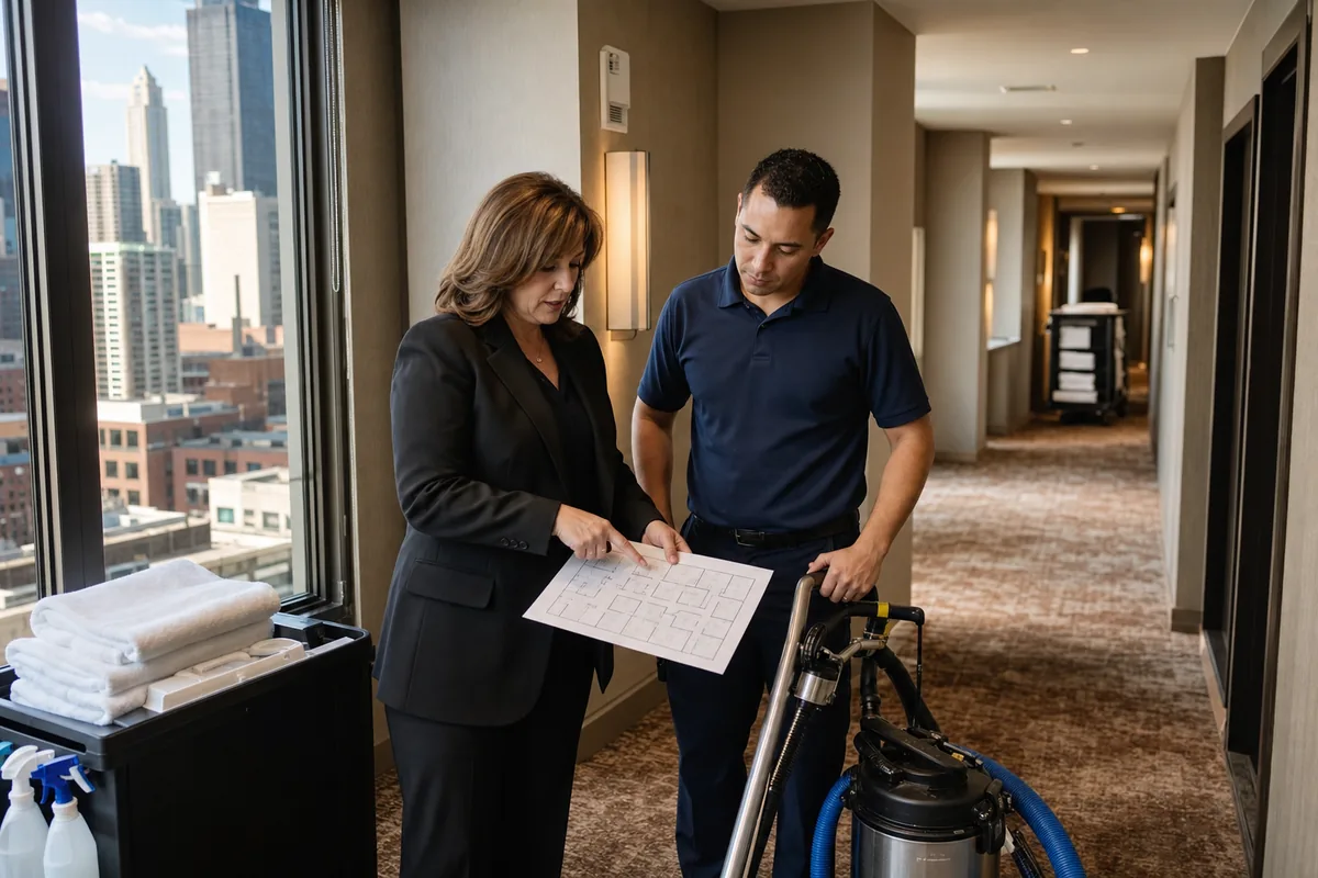 Housekeeping manager and technician reviewing released guest rooms on a floor plan