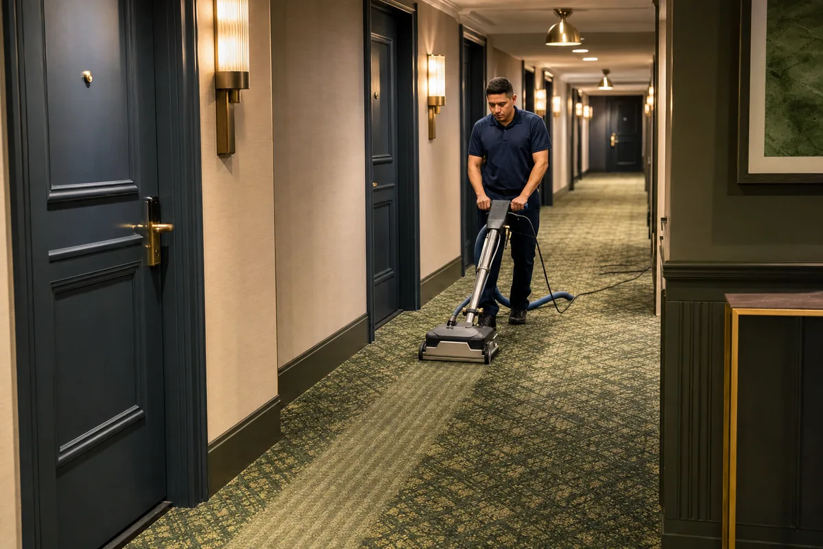 Hammond hotel corridor divided into a carpet cleaning zone beside an open guest route