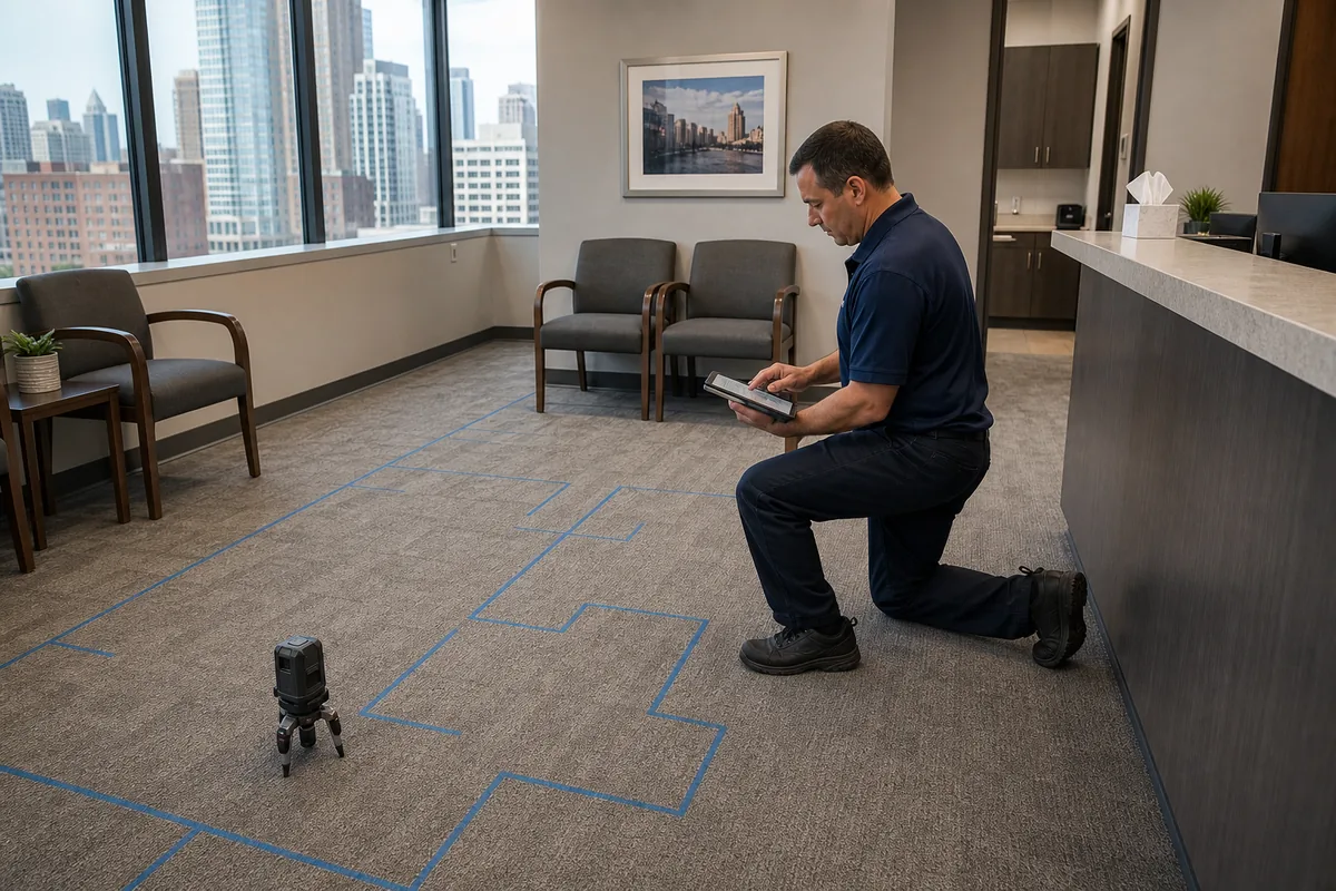 Technician mapping carpet zones on a medical office floor plan