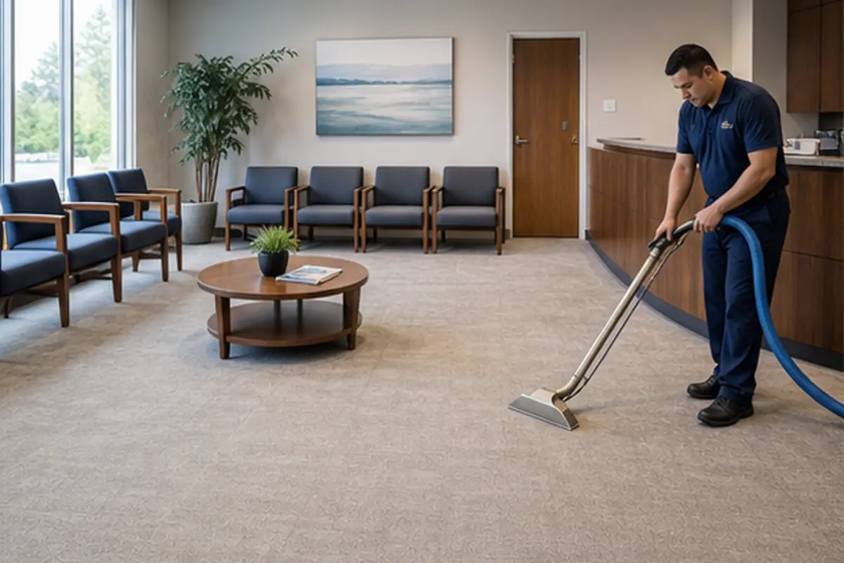 Calm Hammond medical office waiting room with clean neutral carpet and reception desk