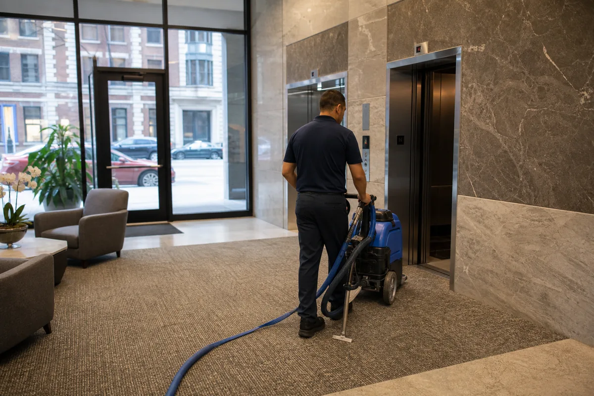 Equipment route through a secured apartment lobby toward a reserved elevator