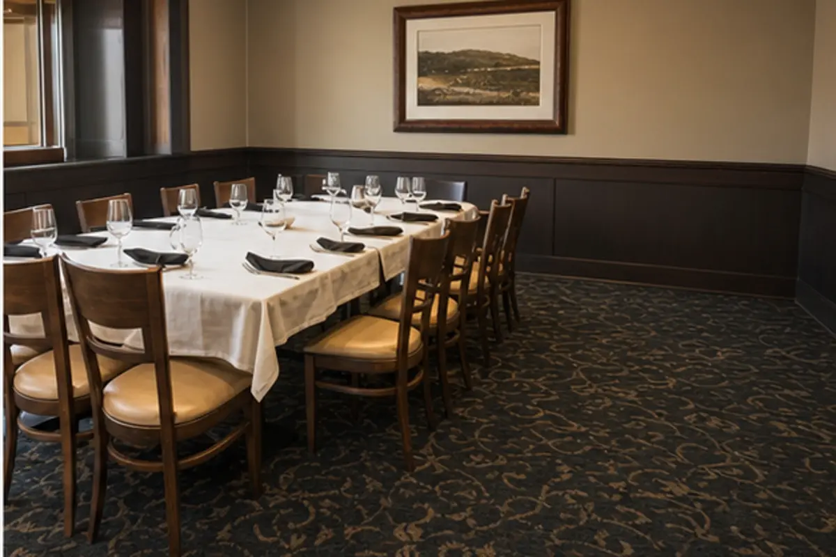Restaurant host area with clean entry carpet and neatly aligned chairs