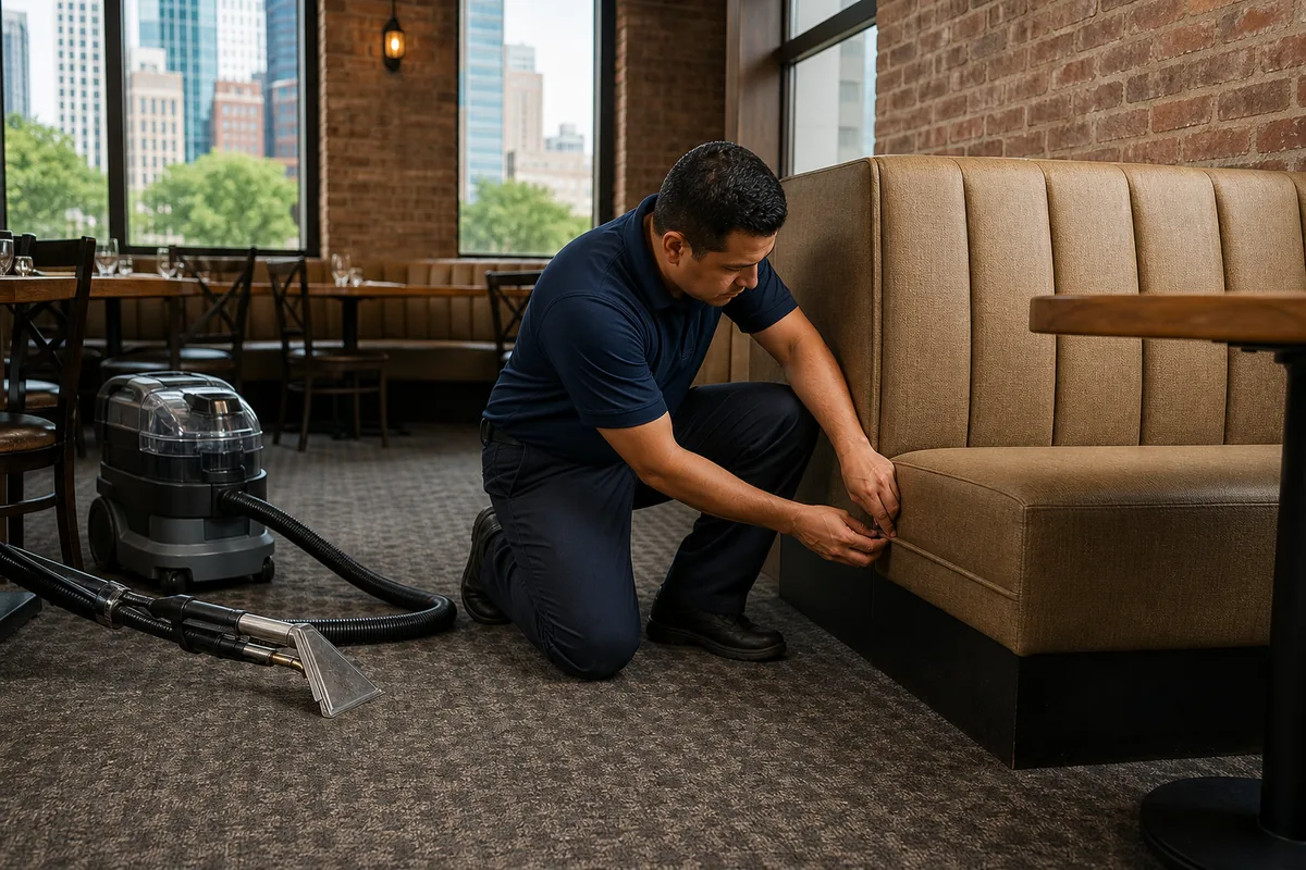 Technician inspecting upholstered booth seams and an adjacent beverage spot