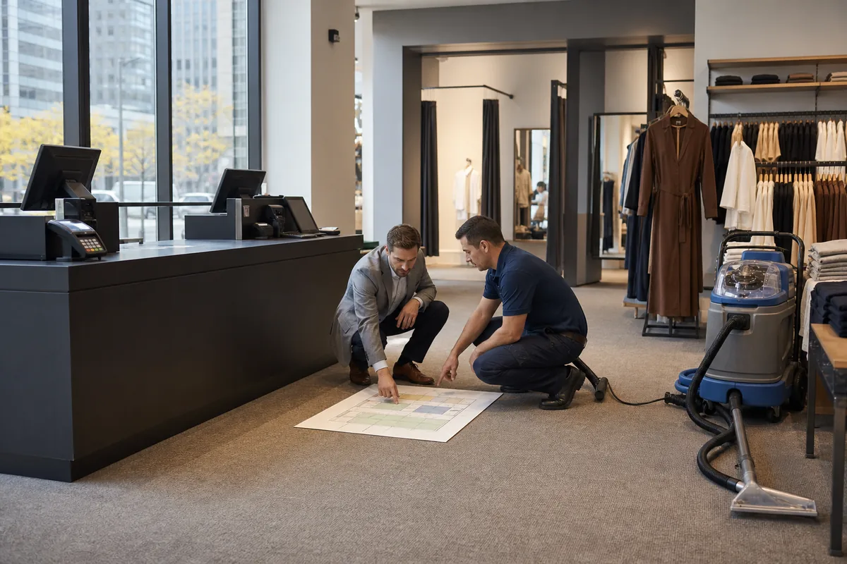 Store manager and technician mapping checkout and fitting-room carpet zones