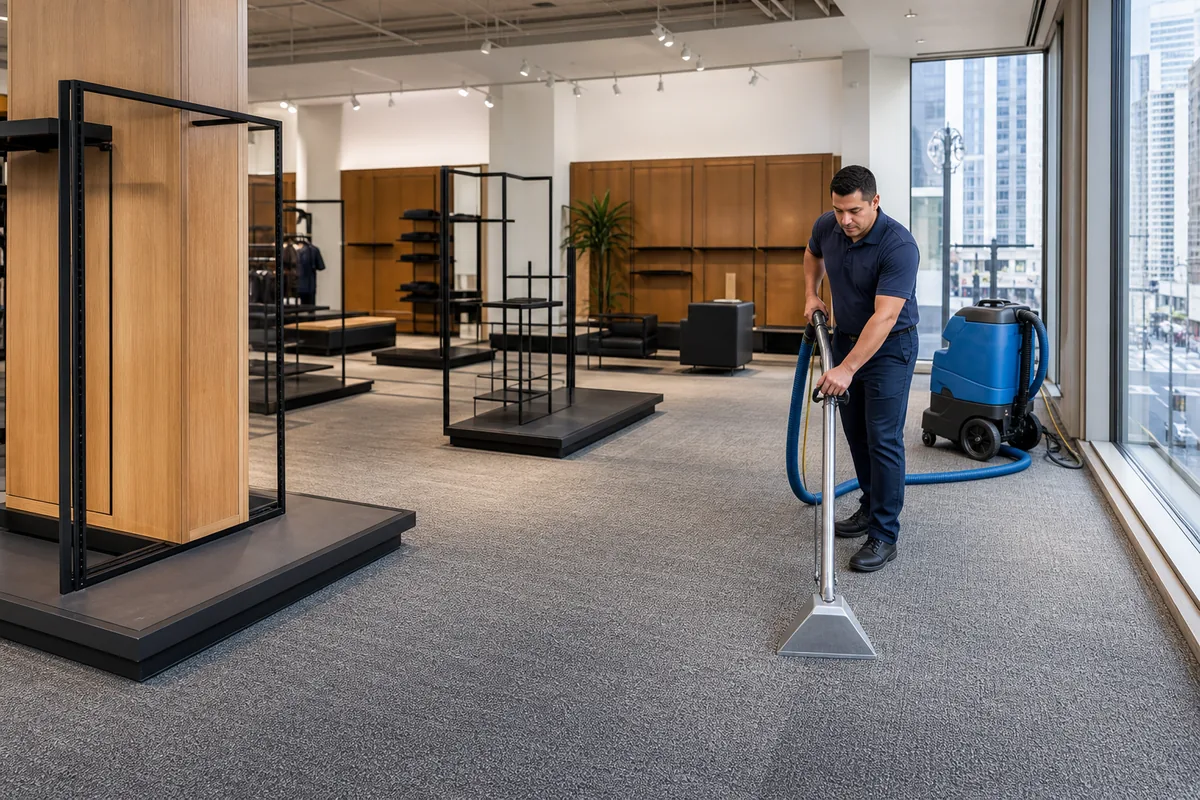 Commercial carpet cleaning around fixed display bases with merchandise removed from the floor