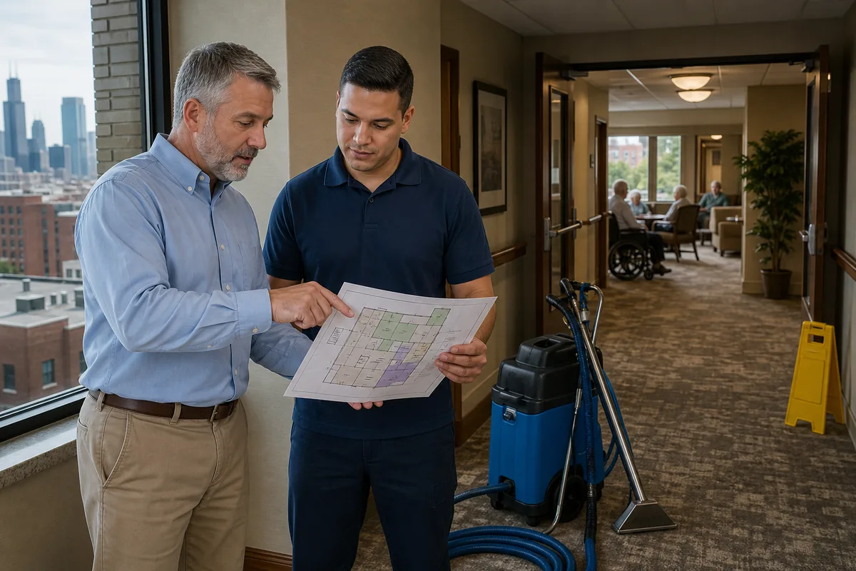Facility manager and technician reviewing a phased corridor map