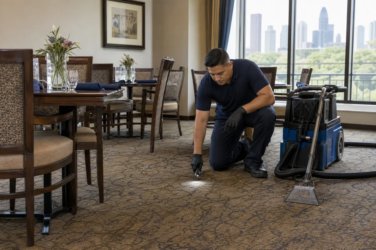 Dining-area carpet spot inspection beside tables before furniture is moved