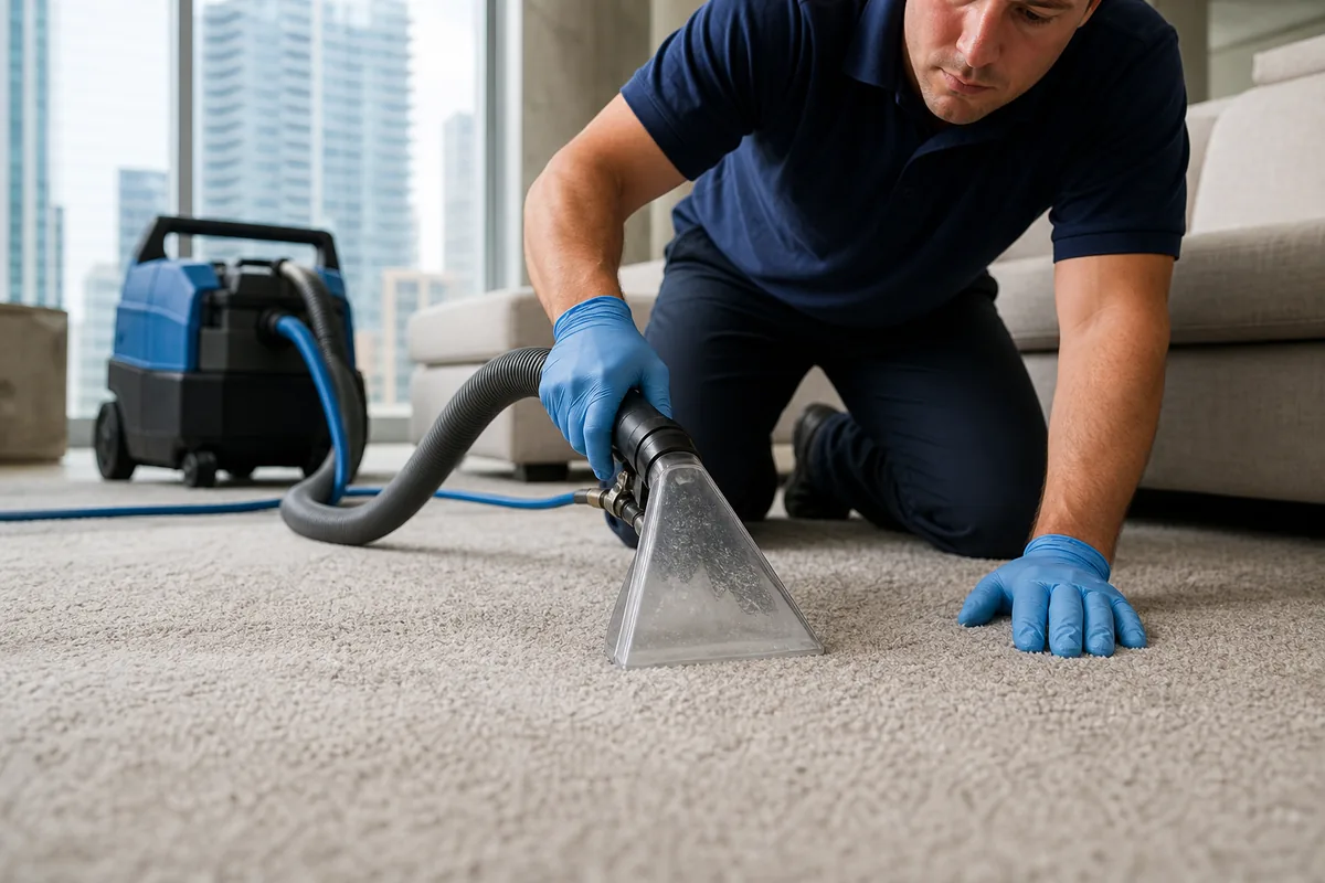 Technician preparing will carpet cleaning remove urine smell in a Hammond home