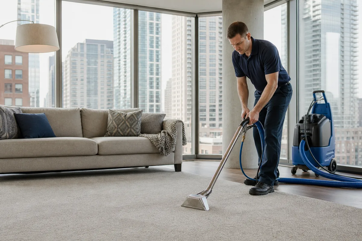 Technician preparing will carpet cleaning remove urine smell in a Hammond home