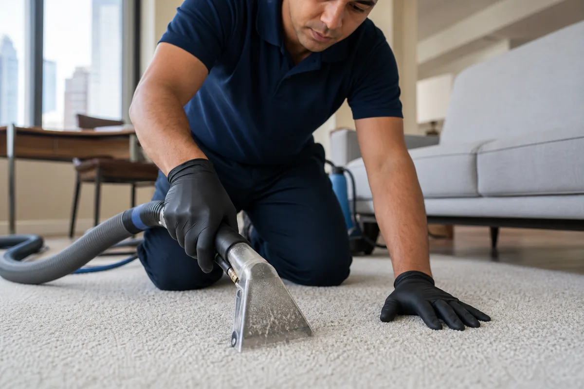 Technician preparing a practical hammond carpet cleaning prep list in a Hammond home
