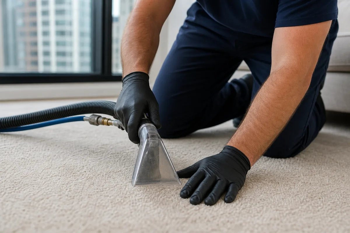 Technician preparing how to handle coffee stains on light carpet in a Hammond home