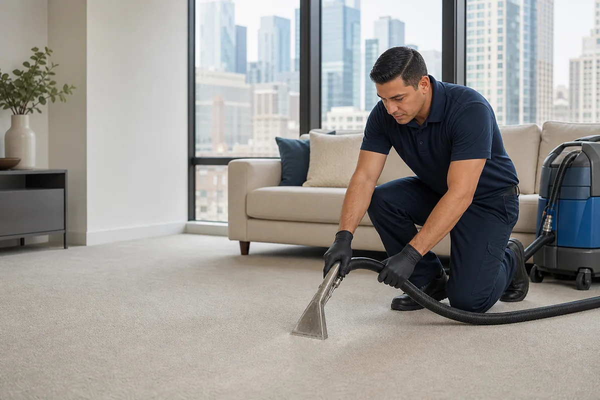 Technician preparing how to handle coffee stains on light carpet in a Hammond home