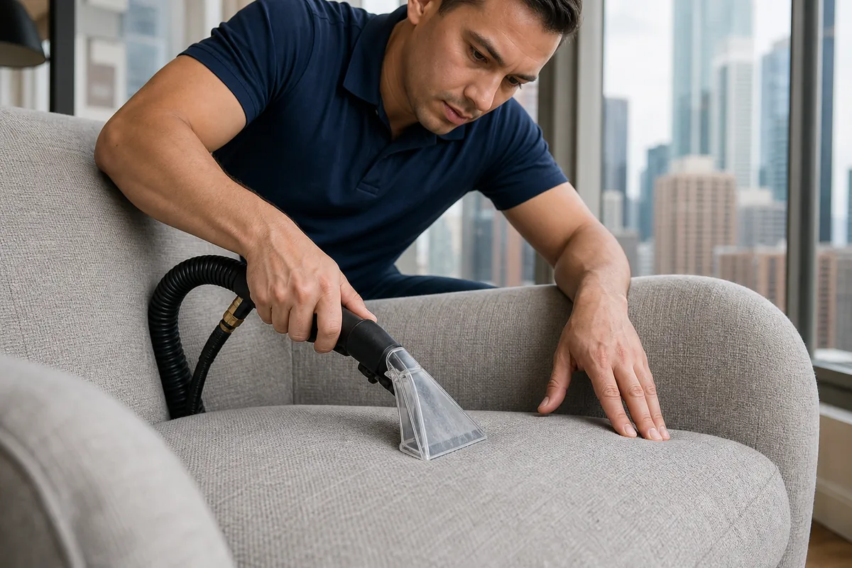Technician preparing what do upholstery cleaning codes mean in a Hammond home