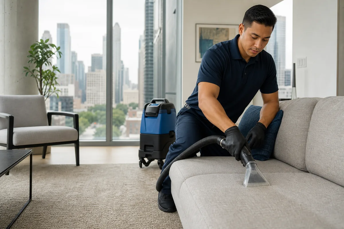 Technician preparing what do upholstery cleaning codes mean in a Hammond home