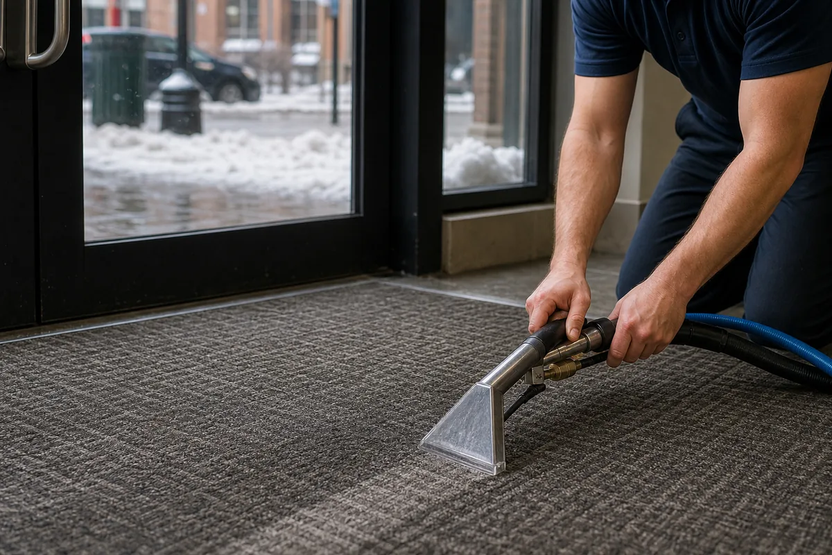 Technician preparing handling winter salt and slush on hammond carpet in a Hammond home