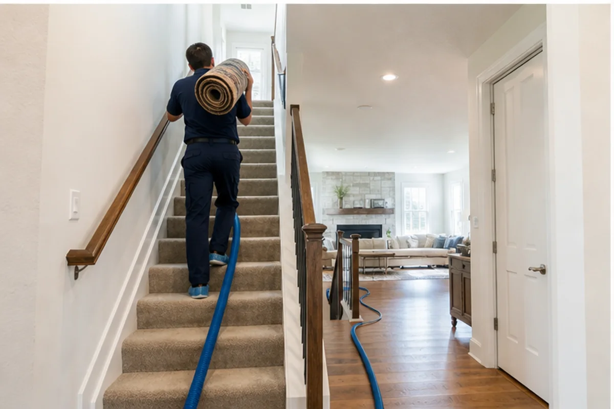 A Crown Point interior prepared with a clear access path for area rug cleaning