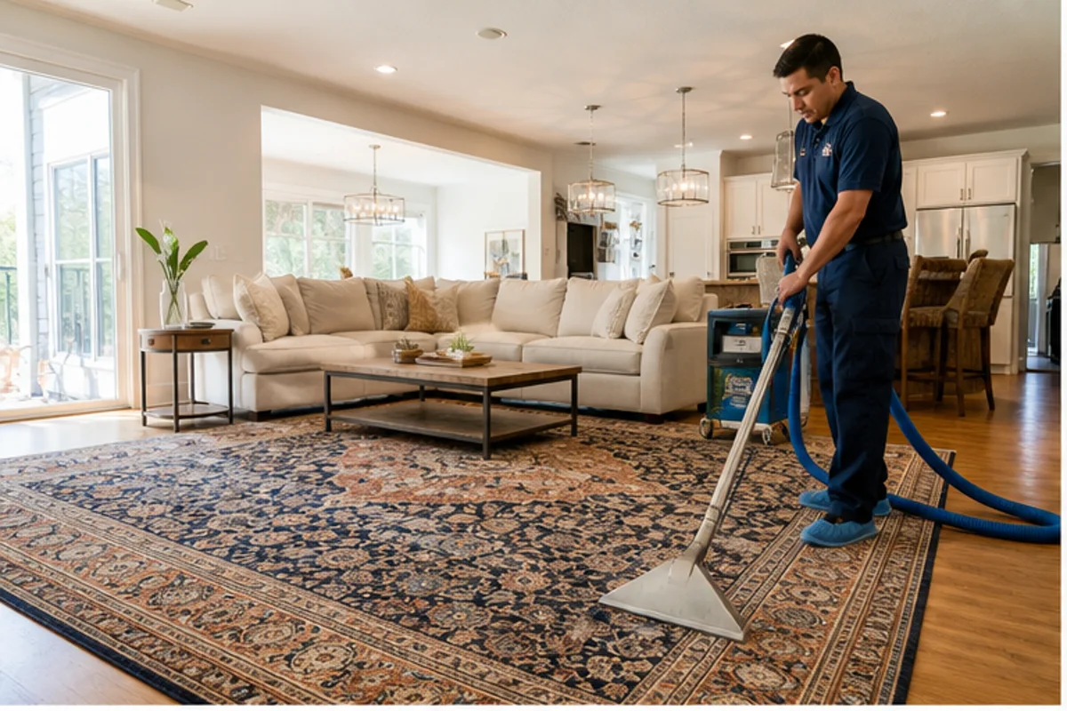 A carefully styled living room with a patterned area rug and comfortable seating in a Crown Point home for area rug cleaning