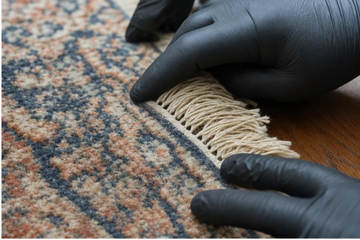 Close professional detail of area rug cleaning assessment in a Griffith home