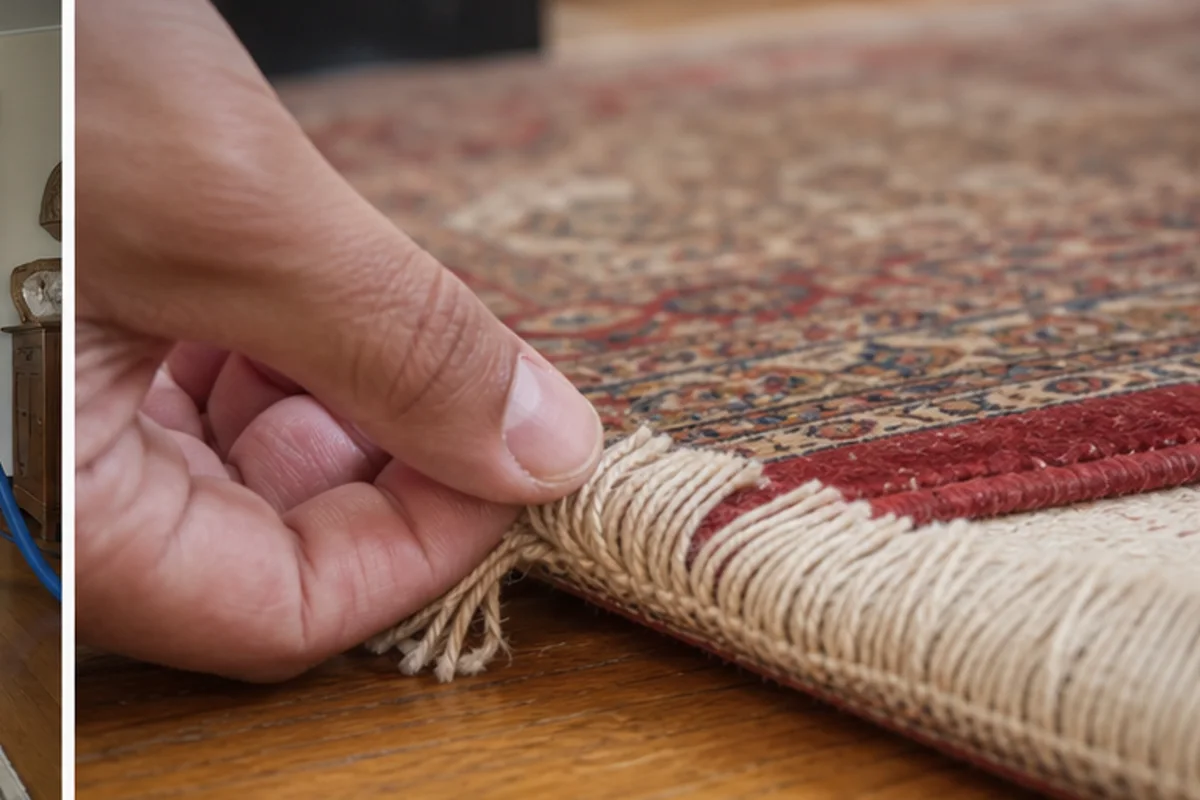 Close professional detail of area rug cleaning assessment in a Hammond home