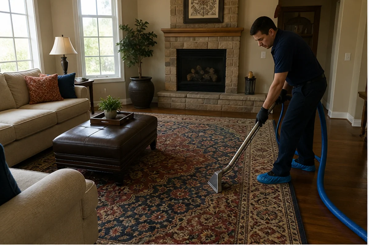 A carefully styled living room with a patterned area rug and comfortable seating in a Munster home for area rug cleaning