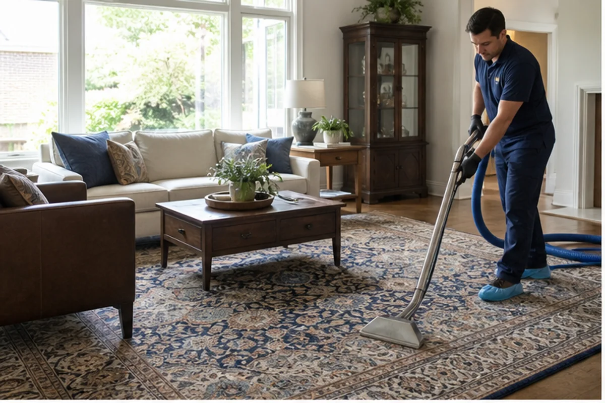 A carefully styled living room with a patterned area rug and comfortable seating in a St. John home for area rug cleaning