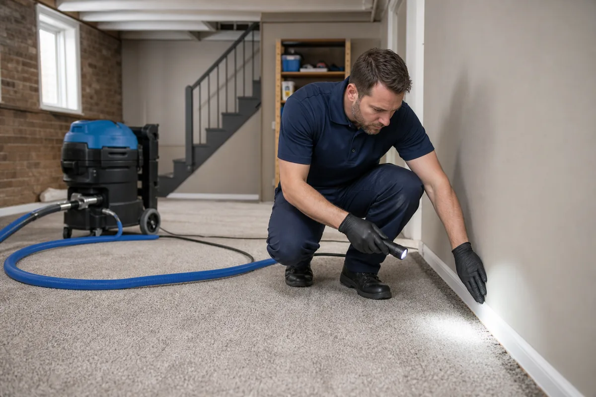 Technician inspecting carpet edge and baseboard for signs of prior moisture