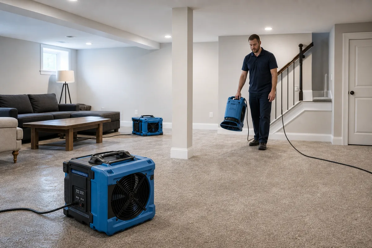 Airflow equipment positioned in an open basement room without boxes on damp carpet