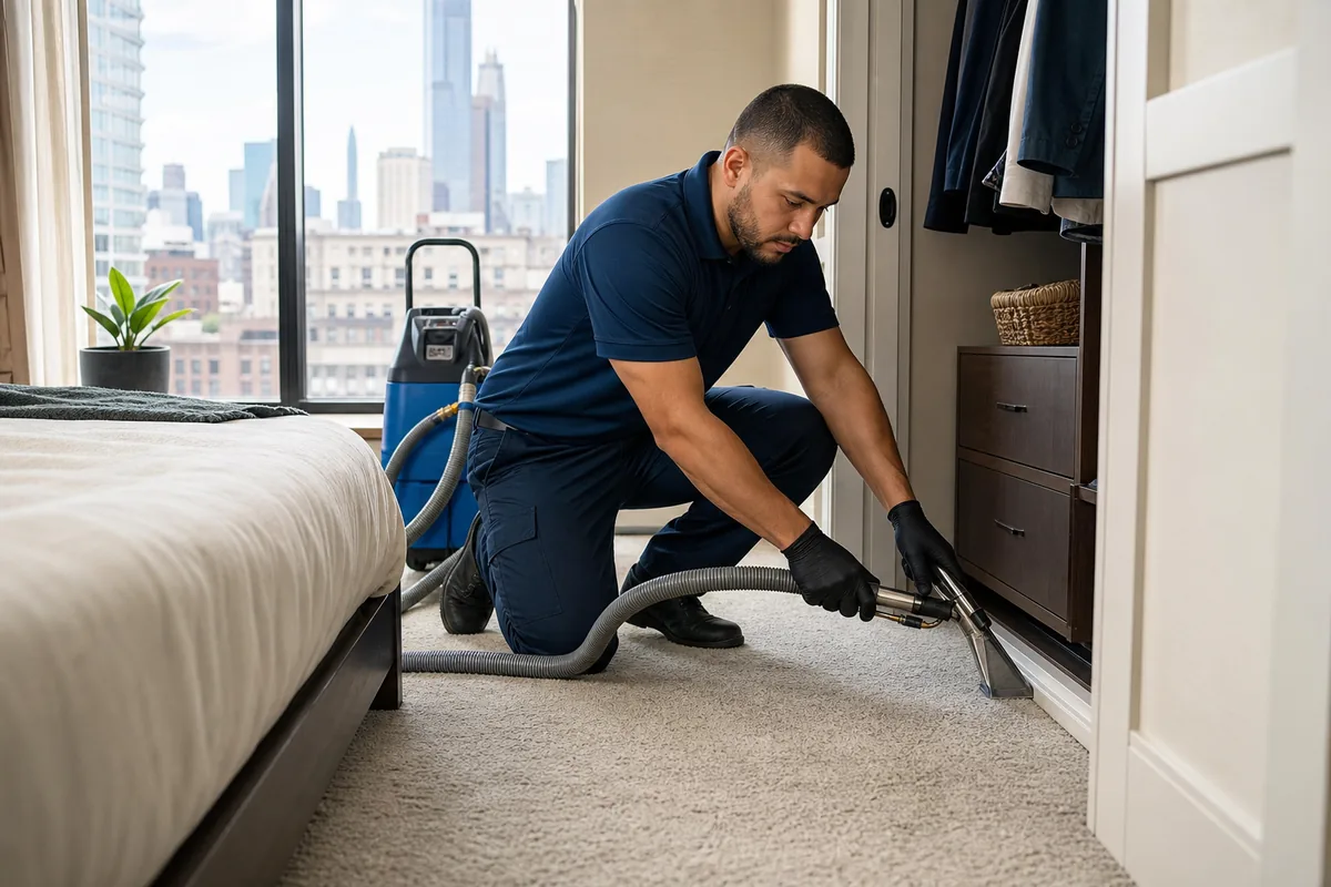 Technician detailing carpet along a closet threshold and baseboard