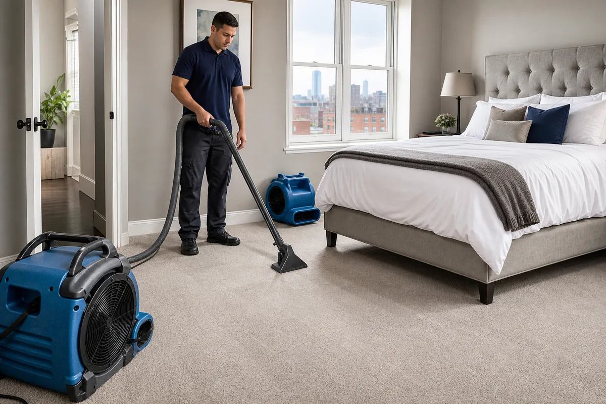 Bedroom carpet drying with under-bed storage removed and doorway kept clear