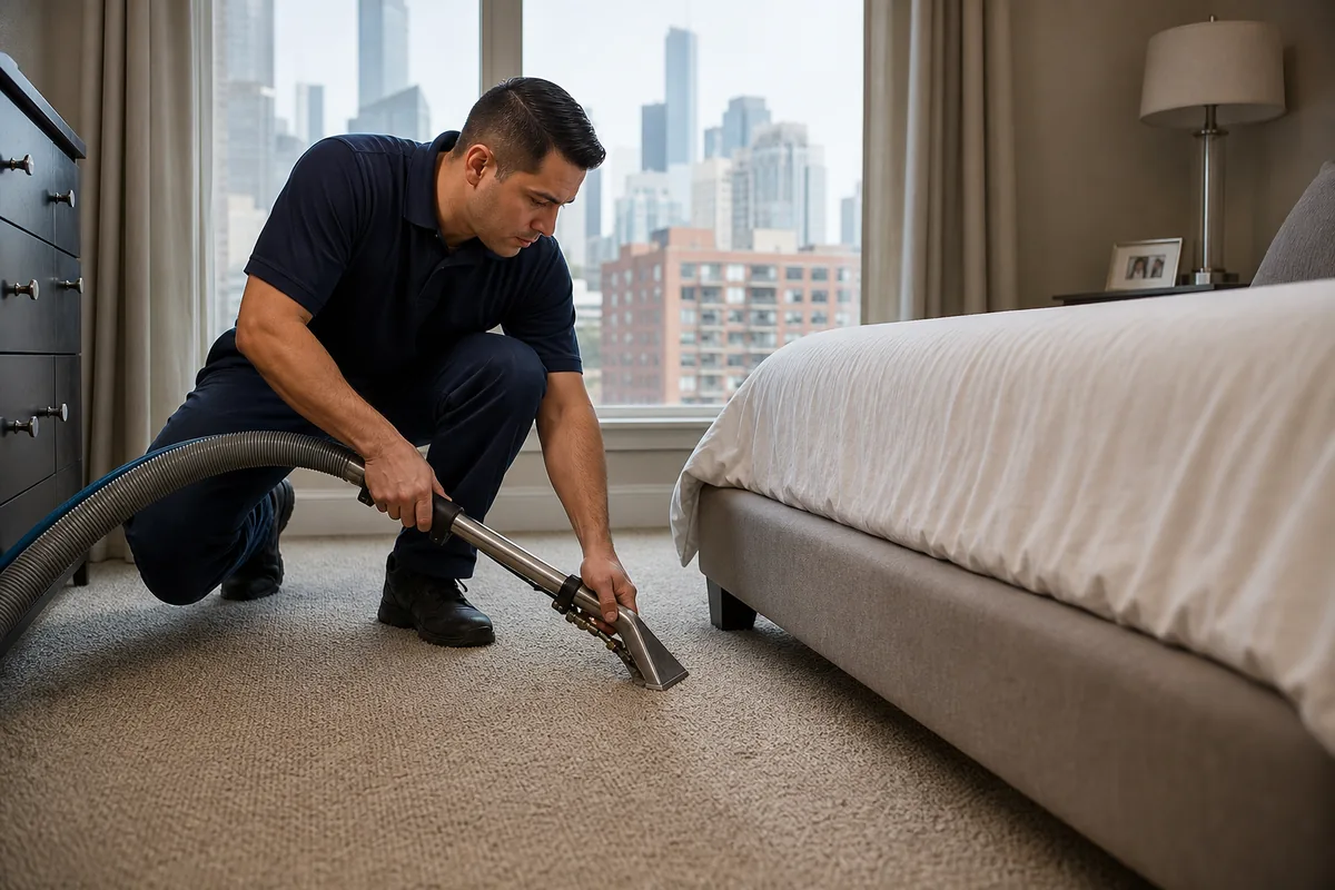 Hammond bedroom with cleared floor path around a bed and visible carpet edges