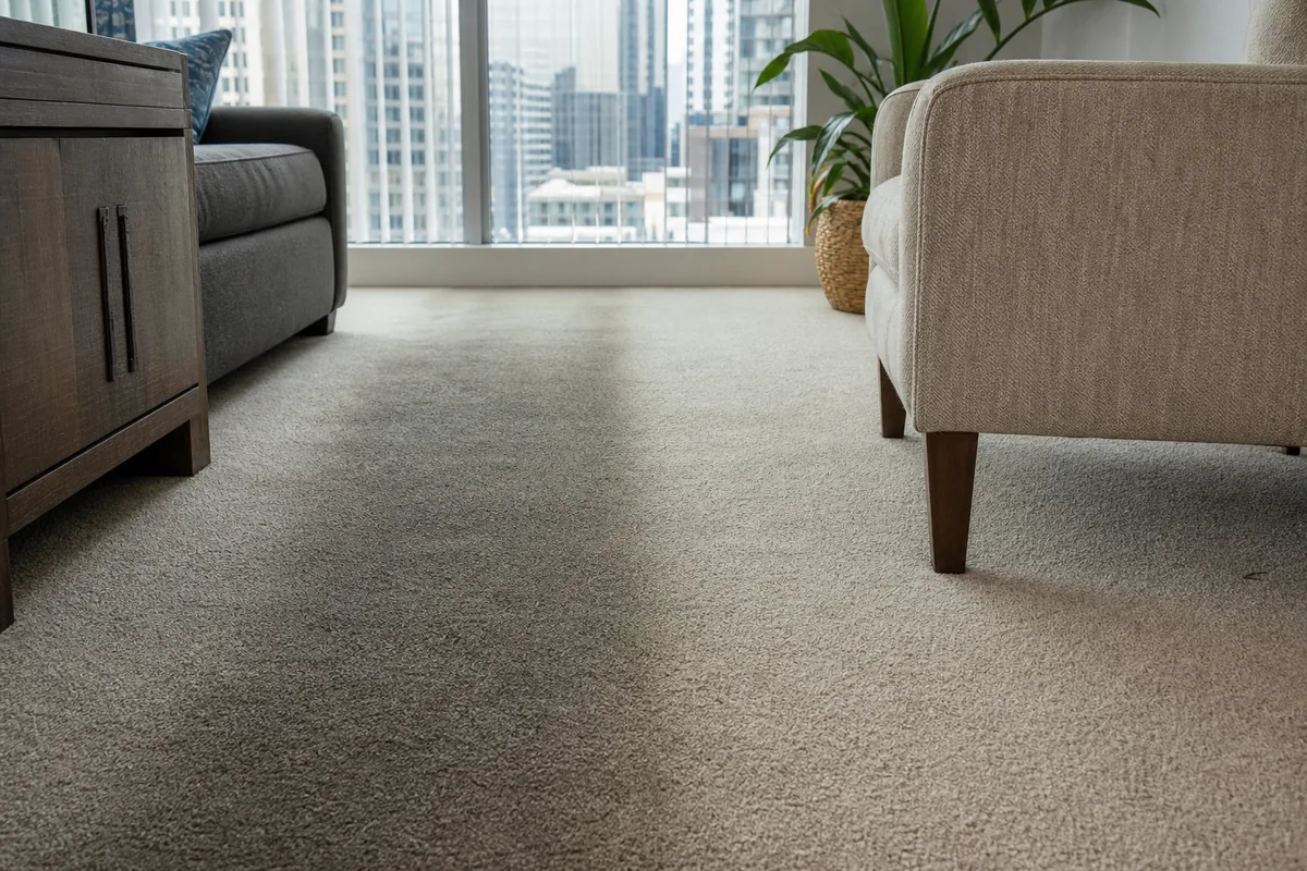 Close comparison of a dark traffic lane and protected carpet beneath furniture