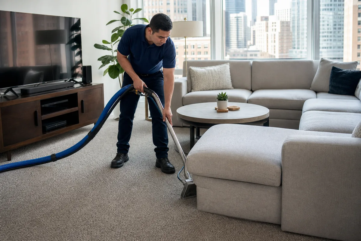 Technician cleaning accessible carpet along a sectional edge with electronics left undisturbed