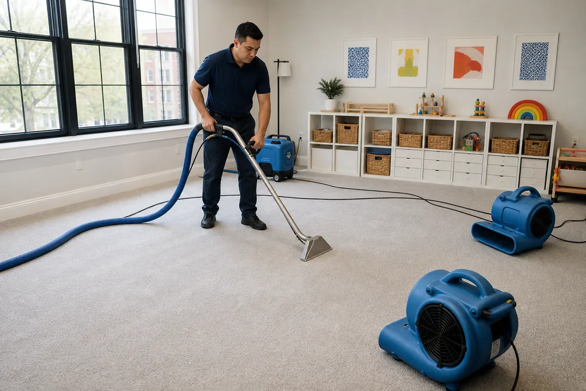 Playroom carpet drying before rugs, toys, and storage bins return