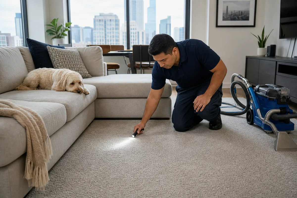 Technician inspecting a pet resting path beside a sectional