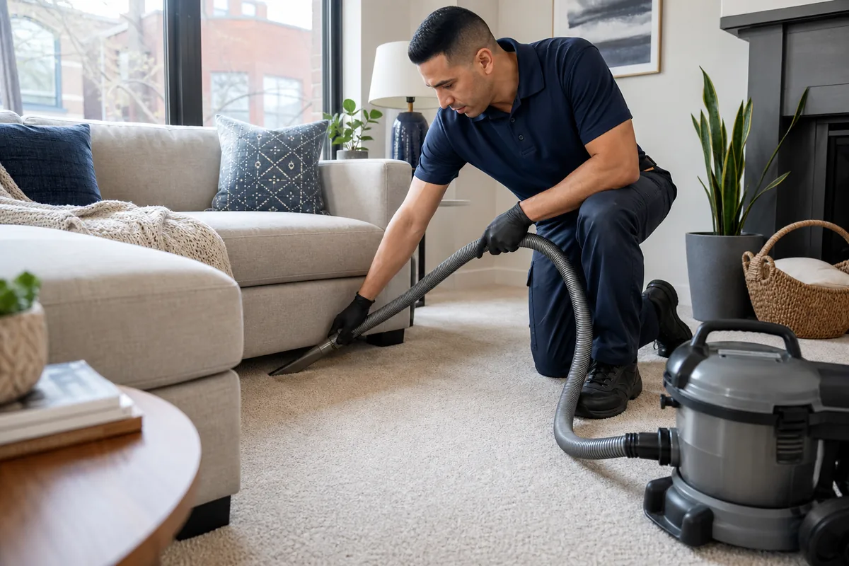 Vacuum detail work along carpet edges where pet hair has gathered