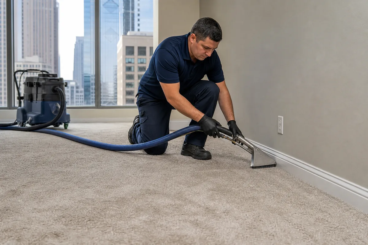 Technician performing deliberate dry soil removal beside a baseboard