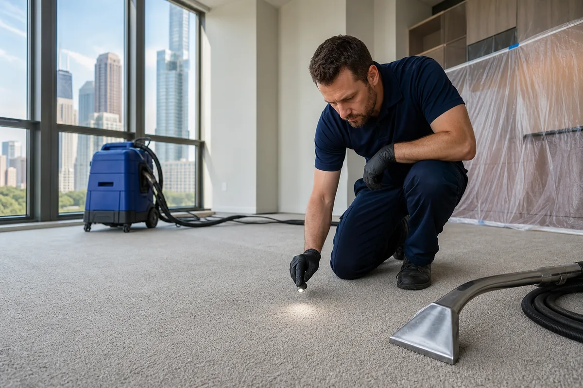 Close inspection of small paint and compound marks on carpet after contractors leave