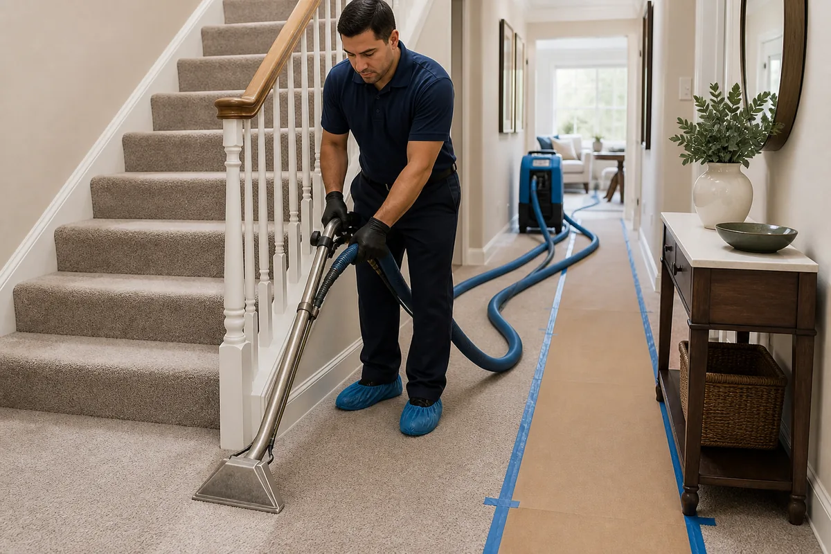 Narrow carpeted hallway divided into a clear cleaning and household access route