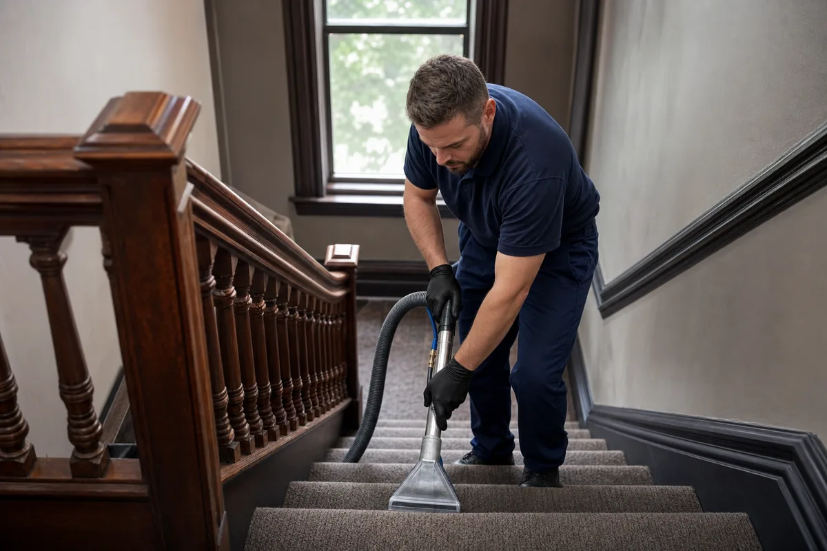 Technician using a compact tool across carpeted stair treads and risers in a Hammond bungalow